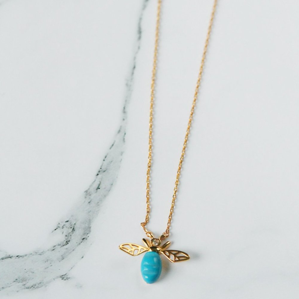 Gold Vermeil Necklace Natural Turquoise Stone Bee Animal Chain - Picture 6 of 6